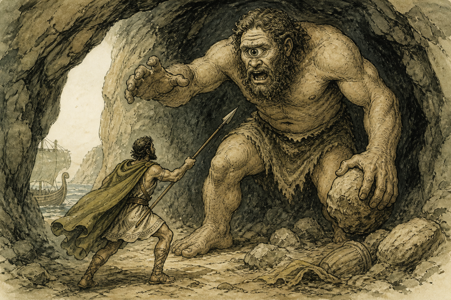 Drawing of Odysseus confronting the Cyclops