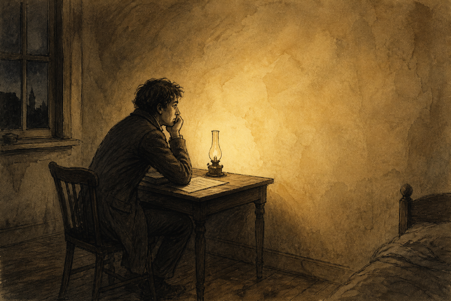 Drawing of a young man alone under a dim table lamp